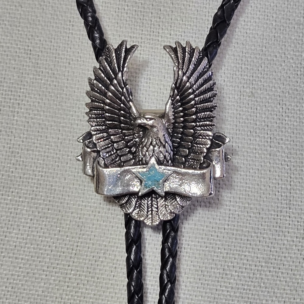Eagle Silver Metal Bolo Tie Black Patrioitic Braided Leather 1995 Turquoise Star